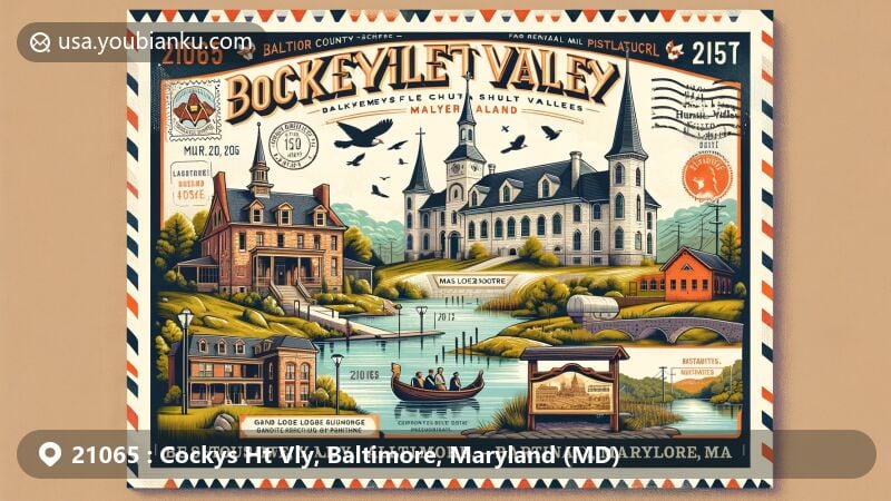 Modern illustration of Cockeysville Hunt Valley, Baltimore County, Maryland, with ZIP code 21065, showcasing historical landmarks like Stone Hall and Baltimore County School No. 7, as well as the Grand Lodge of Maryland, Bonnie Blink, and Maryland Grand Lodge Museum.