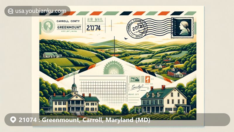 Modern illustration of Greenmount, Carroll County, Maryland, featuring postcard design with ZIP code 21074, showcasing Moses Brown House and Carroll County Almshouse and Farm.