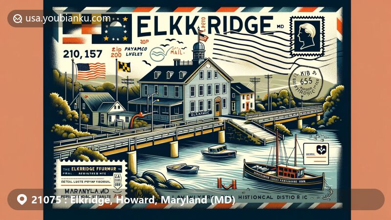 Modern illustration of Elkridge, Maryland, showcasing postal theme with ZIP code 21075, featuring Elkridge Furnace Inn and Lawyers Hill Historic District.
