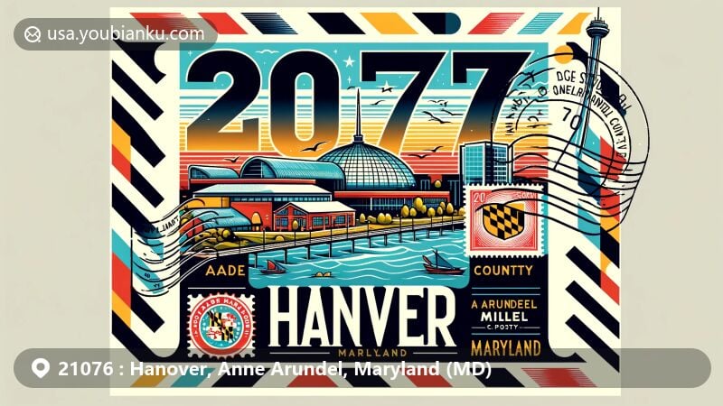 Modern illustration of Hanover, Anne Arundel County, Maryland, blending local landmarks and postal elements for ZIP code 21076, featuring Maryland state flag and Arundel Mills Mall.