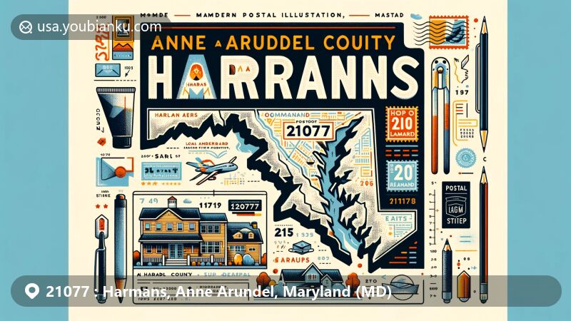 Modern illustration of Harmans, Maryland, showcasing ZIP code 21077, featuring local landmarks, demographic data, and postal elements, highlighting Anne Arundel County's profile and the upper-middle-class white residents. Includes modern postal elements like postcards, stamps, and prominent display of ZIP code 21077. Designed in a contemporary illustration style suitable for web, combining elements for a visually appealing and informative piece. Dimensions 1792x1024 pixels.