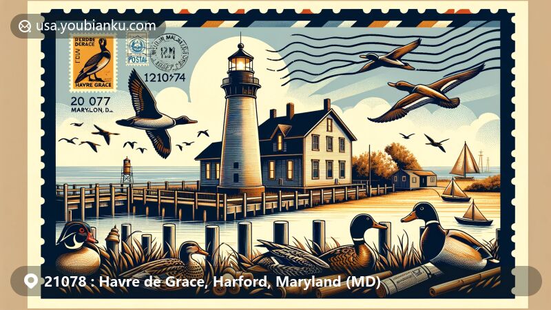 Modern illustration of Havre de Grace, Maryland, highlighting iconic landmarks and historical elements with a postal theme, featuring Concord Point Lighthouse, duck hunting tradition, and vintage stamps.