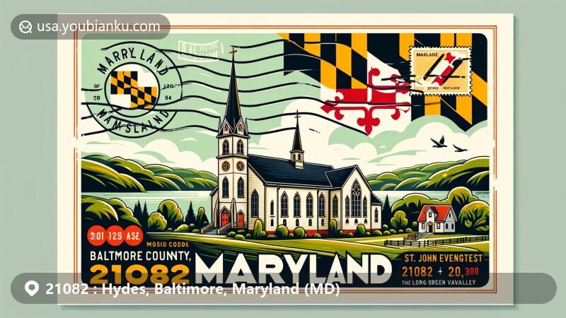 Modern illustration of Hydes, Baltimore County, Maryland, showcasing postal theme with ZIP code 21082, featuring St. John the Evangelist church and Long Green Valley against the backdrop, embodying the area's rich history and Maryland state flag.