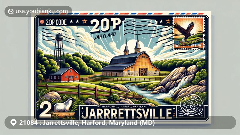 Modern illustration of Jarrettsville, Harford County, Maryland, with ZIP code 21084, showcasing The Barn at Grimmel Farms and King and Queen Seat at Rocks State Park, featuring Maryland state flag and natural scenery.