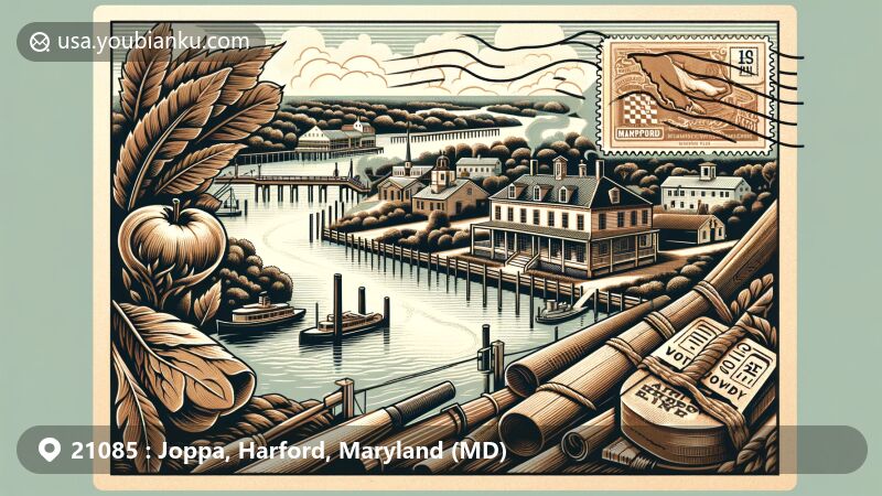 Modern illustration of Joppa, Maryland, showcasing colonial heritage and contemporary significance in Harford County. Features Gunpowder River, Harford County outline, Rumsey Mansion, Joppatowne, postal elements, ZIP code '21085', tobacco plant, and ferry.