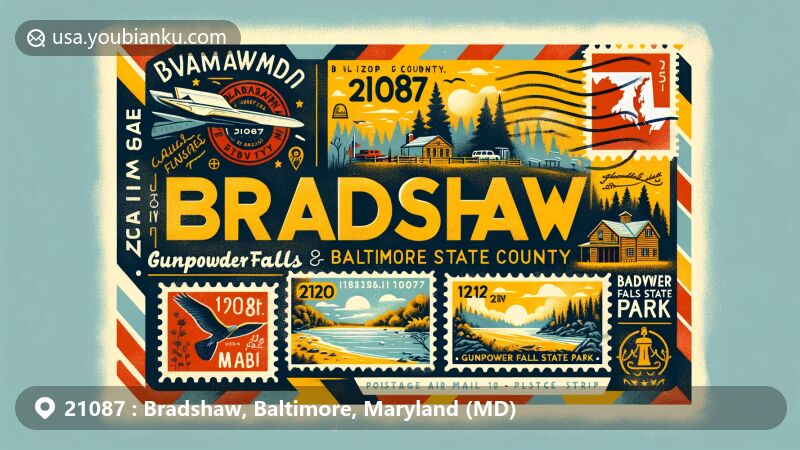 Modern illustration of Bradshaw, Baltimore County, Maryland, depicting the beauty of Gunpowder Falls State Park, with hiking trails, picnic areas, and Hammerman Area's freshwater beach, featuring vintage air mail envelope with Maryland state flag and Baltimore County outline stamps.