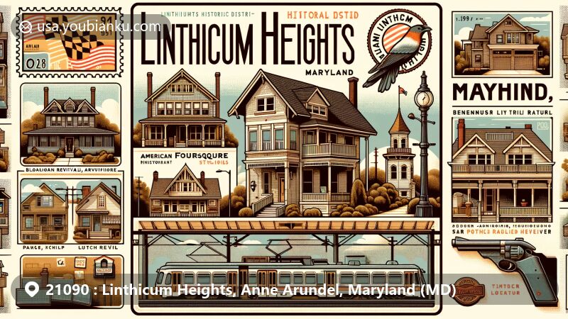 Modern illustration of Linthicum Heights, Maryland, featuring architectural styles like Bungalow, American Foursquare, Colonial Revival, Dutch Revival, and Tudor Revival, with nods to the Benson-Hammond House and the Linthicum Light Rail Station.