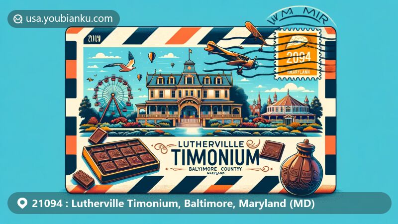 Modern illustration of Lutherville Timonium, Baltimore County, Maryland, highlighting the postal theme with ZIP code 21094, featuring Maryland State Fair, Timonium Mansion, and Kirchmayr Chocolatier.