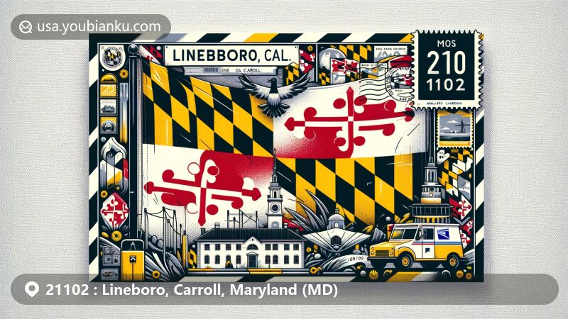 Modern illustration of Lineboro, Carroll, Maryland, highlighting postal theme with ZIP code 21102 and Maryland state flag design.