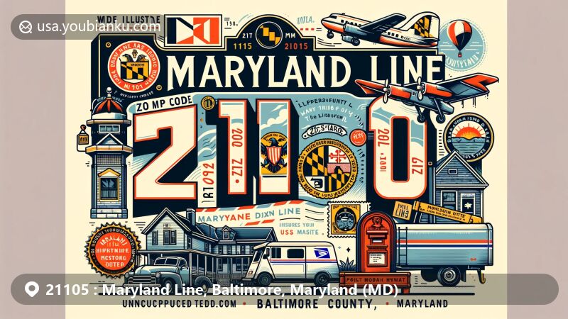 Modern illustration of Maryland Line area, Baltimore County, MD, highlighting proximity to Mason-Dixon line and state flag, featuring postal elements like vintage air mail envelope, postmark '21105 Maryland Line, MD', mailbox, and mail delivery truck.