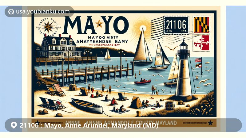 Modern illustration of Mayo area, Anne Arundel County, Maryland, highlighting Mayo Beach Park's connection to Chesapeake Bay, outdoor activities, and maritime heritage in ZIP Code 21106.