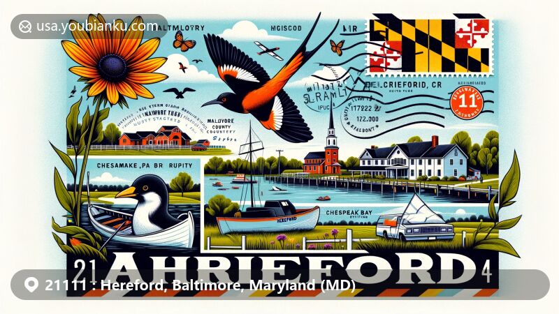 Modern illustration of Harford, Baltimore County, Maryland, featuring postal theme with ZIP code 21111, incorporating state symbols like Baltimore Oriole, Black-eyed Susan, and Chesapeake Bay Retriever.