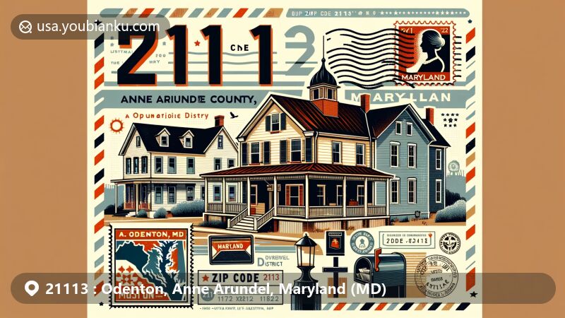 Modern illustration of Odenton Historic District, Anne Arundel County, Maryland, highlighting traditional architecture and residential charm, incorporating Maryland state flag and postal elements with vintage postcard layout and ZIP code 21113.