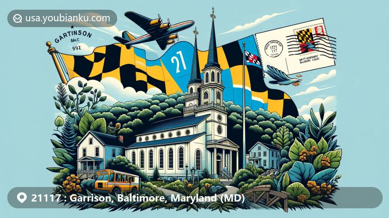 Modern illustration of Garrison, Baltimore County, Maryland, representing ZIP code 21117, featuring St. Thomas Church, local flora, and postal motifs, capturing the area's natural beauty and historic significance.