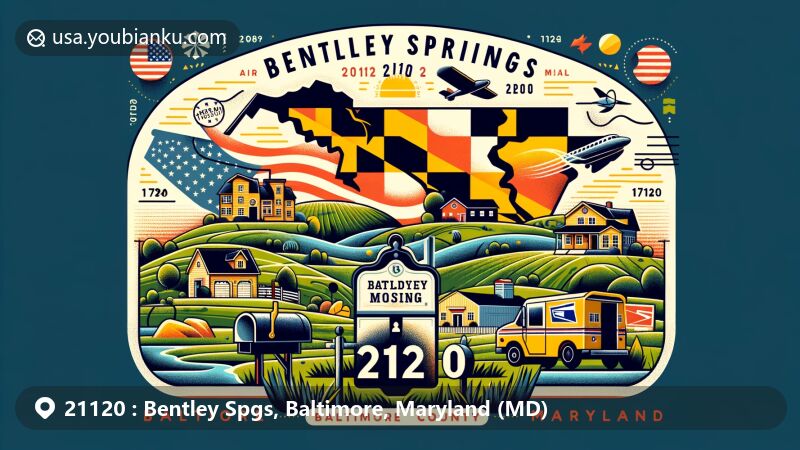 Modern illustration of ZIP code 21120 in Maryland, featuring the state flag, Baltimore County outline, and typical American countryside scenery on an air mail envelope.