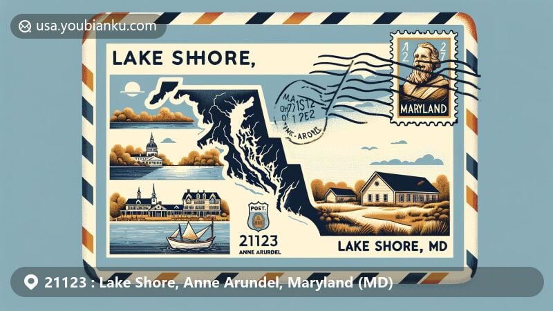 Modern illustration featuring airmail envelope design of Lake Shore, Anne Arundel County, Maryland, with Chesapeake Bay and Magothy River, showcasing scenic views along Maryland Route 177 and cultural landmarks, including 21123 ZIP Code.