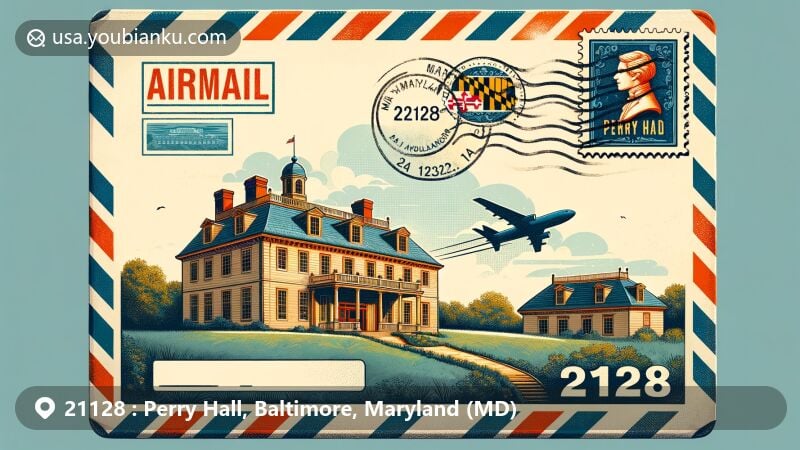 Vibrant illustration of Perry Hall, Baltimore, Maryland, portraying airmail theme with ZIP code 21128, showcasing Perry Hall Mansion and Maryland state flag.