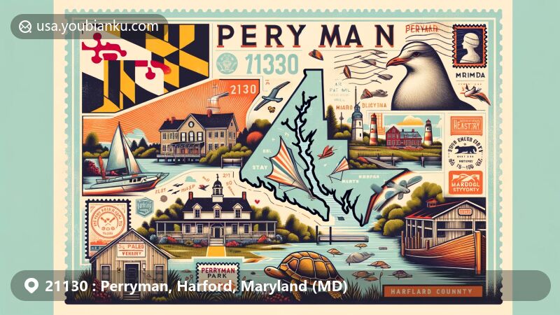 Modern illustration of Perryman, Harford County, Maryland, showcasing postal theme with ZIP code 21130, featuring Maryland state flag, Harford County outline, Perryman Park, and St. George's Parish Vestry House.
