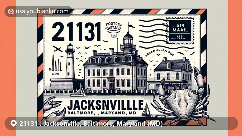Modern illustration of Jacksonville, Baltimore, MD, showcasing postal theme with ZIP code 21131, featuring Fort McHenry National Monument, Edgar Allan Poe's house, and crab patterns.
