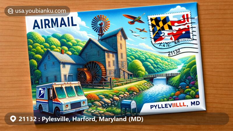 Modern illustration of Pylesville, Maryland, showcasing airmail envelope with Eden Mill Nature Center and Grist Mill Museum, Maryland state flag stamp, postmark 'Pylesville, MD,' mail truck, mailbox, and ZIP code 21132.