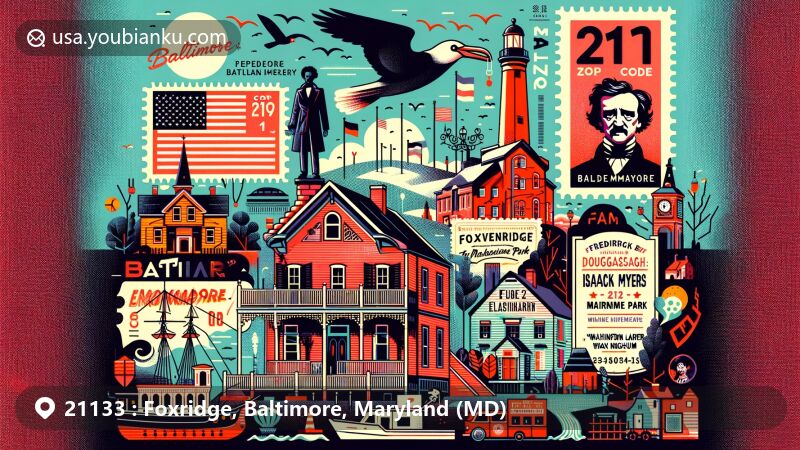 Modern illustration of Foxridge, Baltimore, Maryland, blending local landmarks and postal elements, featuring Fort McHenry, Edgar Allan Poe's home, Baltimore Washington Monument, Frederick Douglass-Isaac Myers Maritime Park Museum, and National Great Blacks In Wax Museum.