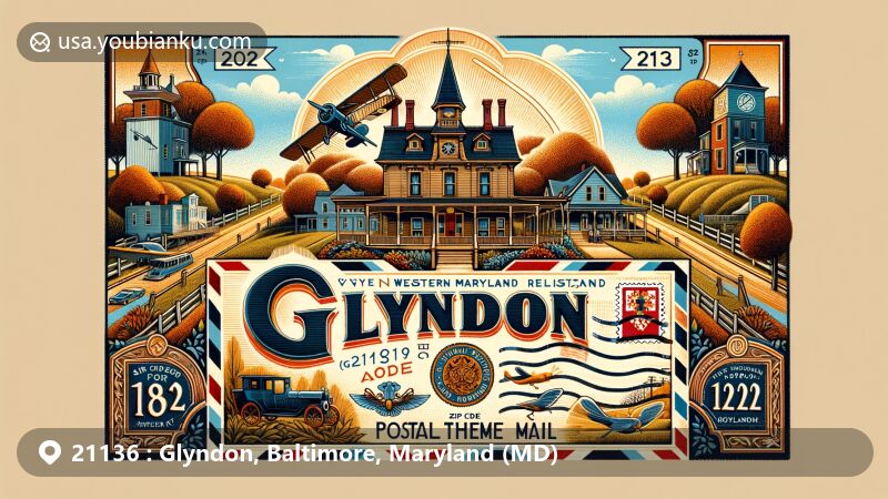 Artistic representation of Glyndon, Maryland, encapsulating ZIP code 21136 with a vintage air mail envelope, showcasing local history and cultural landmarks.