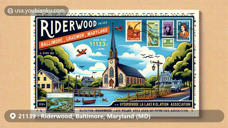Contemporary illustration of St. John's Church in Riderwood, Baltimore, Maryland, featuring postal elements and ZIP Code 21139, capturing the area's history and film-friendly backdrop.