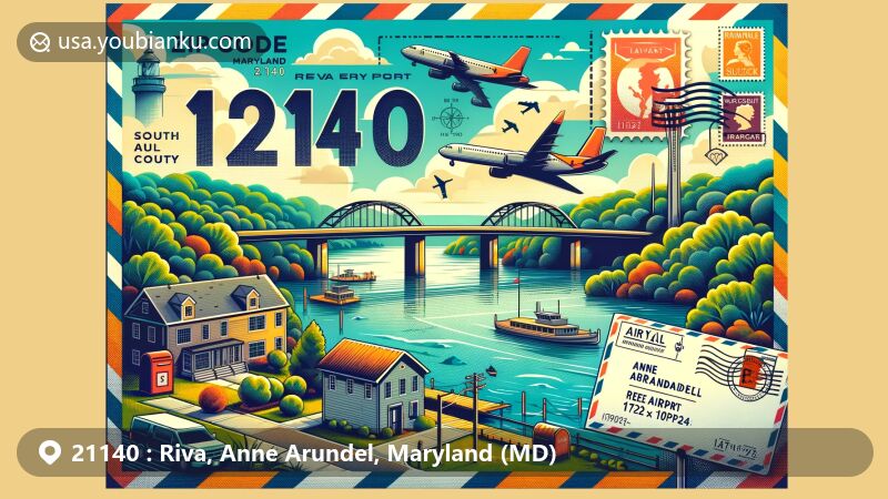 Modern illustration of Riva, Maryland, with iconic bridge over the South River on Riva Road, incorporating Anne Arundel County symbol, map outline of Riva, and Lee Airport representation, styled as an airmail envelope with postal motifs like stamps and postmarks.