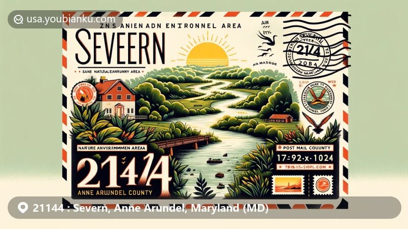 Modern illustration of Severn, Anne Arundel County, Maryland, highlighting ZIP code 21144 and Severn Run Natural Environment Area, featuring Maryland state symbols and postal elements.