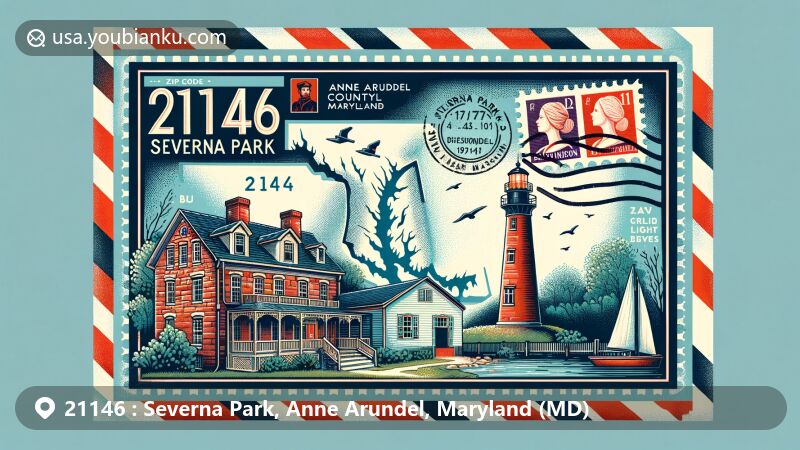 Modern illustration of ZIP Code 21146, Severna Park, Anne Arundel, Maryland, showcasing a postal theme with an air mail envelope and stamps, featuring Robinson House and Baltimore Light Station in the Chesapeake Bay.