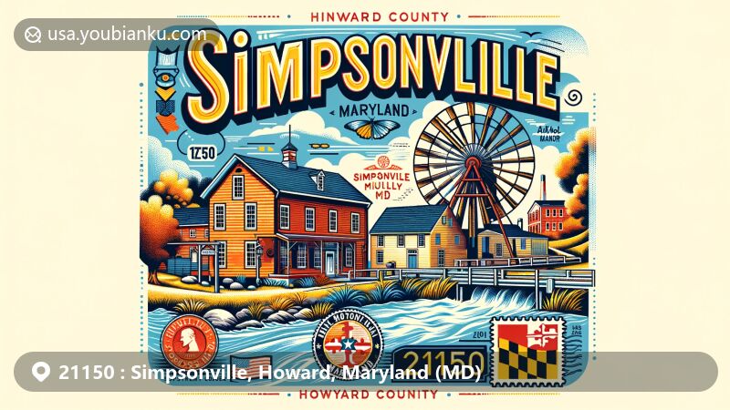 Modern illustration of Simpsonville, Howard County, Maryland, featuring ZIP code 21150, showcasing Simpsonville Mill and Athol Manor with colonial history, incorporating vintage postcard layout with postal elements like Maryland flag stamp and Simpsonville, MD postmark.