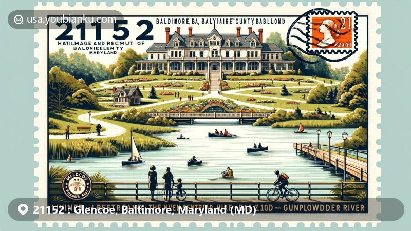 Modern illustration of Glencoe, Baltimore County, Maryland, showcasing Italianate-influenced architecture and outdoor activities, highlighting the historic home and resort complex, NCR Hike-Bike Trail, and tranquil surroundings, with a vintage postcard layout and a prominent ZIP code 21152.