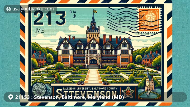 Modern illustration of Stevenson, Baltimore County, Maryland, featuring Gramercy Mansion, Maryland state symbols, Stevenson University, and St. Timothy's School, with a postal theme showcasing ZIP code 21153.