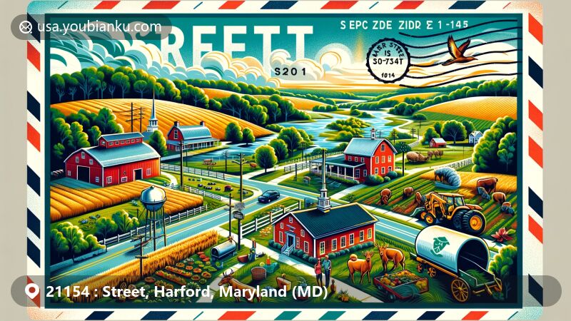Modern illustration of Street, Maryland, capturing the rural charm and community spirit, featuring Palmer State Park and Harford County Agricultural Center.