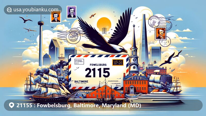 Modern illustration of the ZIP Code 21155 in Fowbelsburg area, showcasing Baltimore landmarks like Fort McHenry, Edgar Allan Poe's home, USS Constellation, Washington Monument, combined with postal elements.
