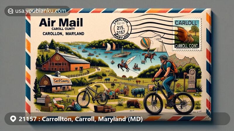 Modern illustration of Carrollton, Carroll County, Maryland, highlighting postal theme with ZIP code 21157, showcasing Carroll County Farm Museum and outdoor activities like cycling, picnicking, fishing, and horseback riding.
