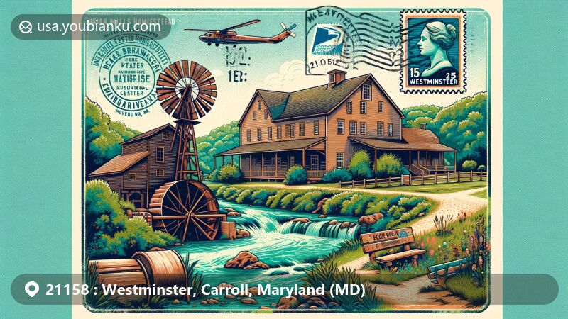 Modern illustration of Westminster, Maryland, showcasing Union Mills Homestead Historic District and Bear Branch Nature Center & Hashawha Environmental Center, with a postal theme and ZIP code 21158.