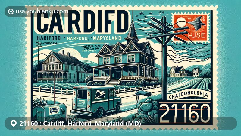 Modern illustration of Cardiff, Harford, Maryland, showcasing historical and geographical elements including Mason-Dixon line, Victorian-era homes, and green marble used in famous buildings.