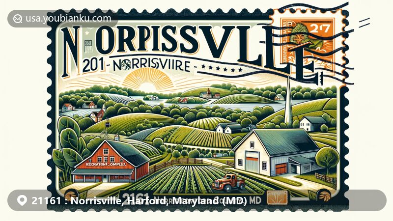 Modern illustration of Norrisville, Harford County, Maryland, highlighting local farming community and postal theme with ZIP code 21161, featuring Norrisville Recreation Complex and natural beauty.