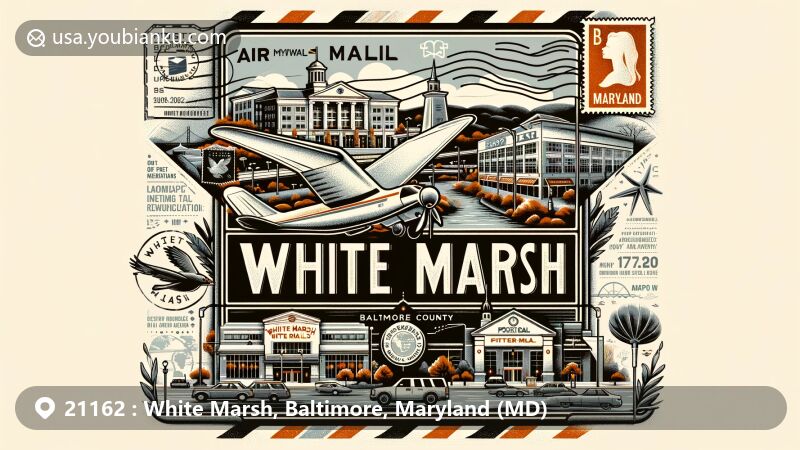 Modern illustration of White Marsh, Baltimore County, Maryland, featuring vintage air mail envelope with postal marks and Maryland stamp, highlighting ZIP code 21162 and White Marsh's development history and landmarks like White Marsh Mall.