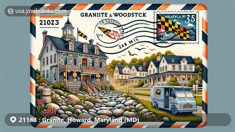 Modern illustration of Granite and Woodstock, Maryland, featuring historic Granite Historic District, quarrying industry, suburban charm of Woodstock, and vintage airmail envelope with Maryland state flag and ZIP code 21163.