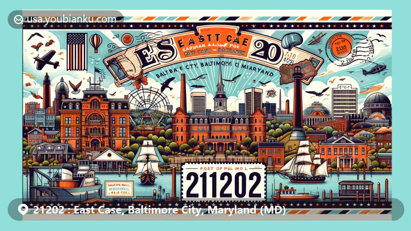 Modern illustration of East Case, Baltimore City, Maryland, showcasing postal theme with ZIP code 21202, featuring Fort McHenry, Edgar Allan Poe's home, Baltimore's Washington Monument, and the USS Constellation.