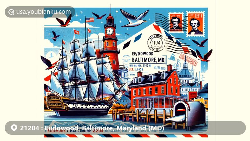 Vibrant illustration of Baltimore, Maryland ZIP code 21204, featuring Fort McHenry, Edgar Allan Poe House and Museum, USS Constellation, airmail envelope, postage stamps, postmark 'Eudowood, Baltimore, MD 21204,' and a mailbox.