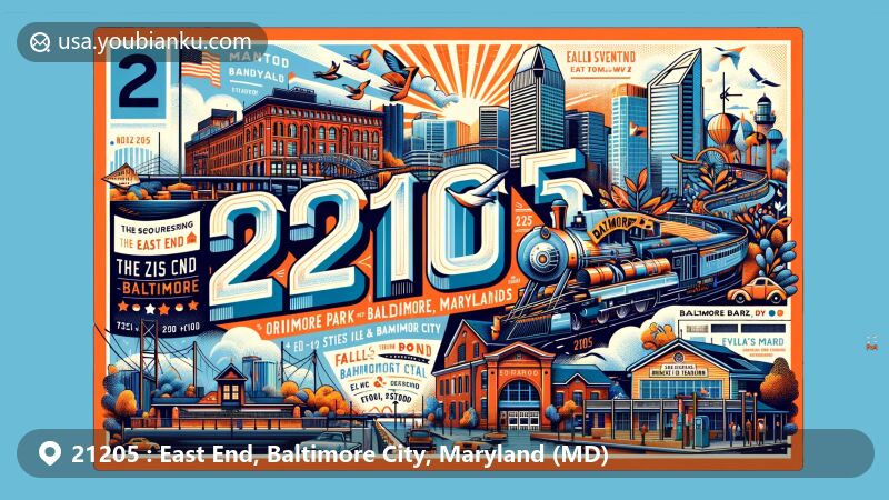 Modern illustration of ZIP code 21205 in East End, Baltimore City, Maryland, featuring Oriole Park at Camden Yards, Fell's Point, and the Baltimore and Ohio Railroad Museum, highlighting the vibrant essence of Baltimore.