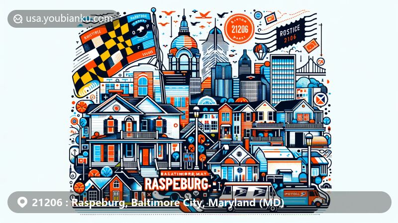 Creative illustration of Raspeburg, Baltimore City, Maryland, blending postal themes for ZIP code 21206, featuring Maryland state flag, iconic architecture, postcard elements, postmark '21206', and residential homes.