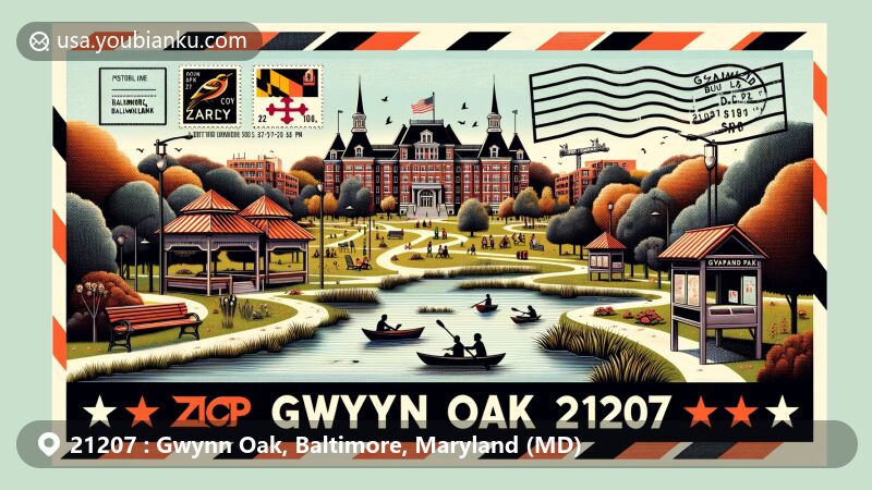 Modern illustration of Gwynn Oak, Baltimore, Maryland, showcasing Gwynn Oak Park's amenities like paved paths, pavilions, picnic areas, playgrounds, and the picturesque pond-lake. Includes Maryland state flag and postal elements with ZIP code 21207.