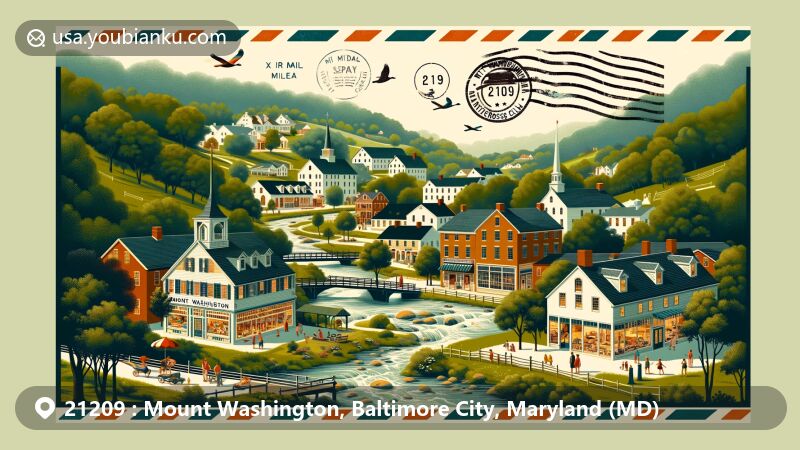 Modern illustration of Mount Washington area in Baltimore City, Maryland, showcasing rich history, natural beauty, and village life, featuring landmarks like Mount Washington Lacrosse Club and Meadowbrook Swim Club.