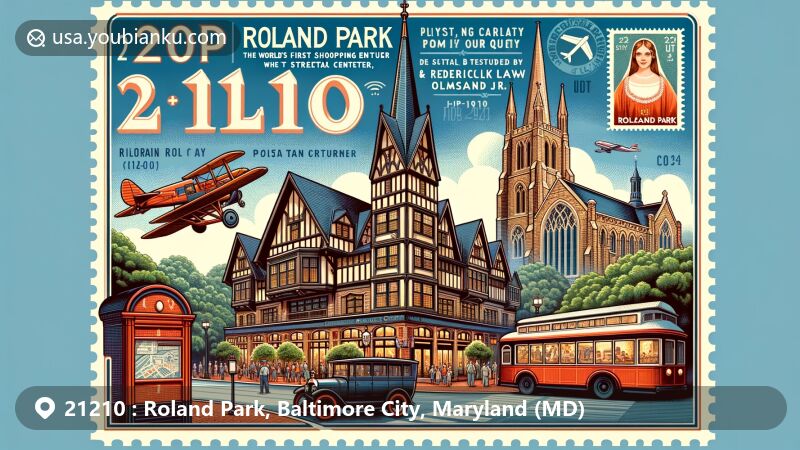 Modern illustration of Roland Park, Baltimore City, Maryland, showcasing postal theme with ZIP code 21210, featuring the Roland Park Shopping Center in English Tudor style, the Cathedral of Mary Our Queen, and lush greenery of the historic suburb.