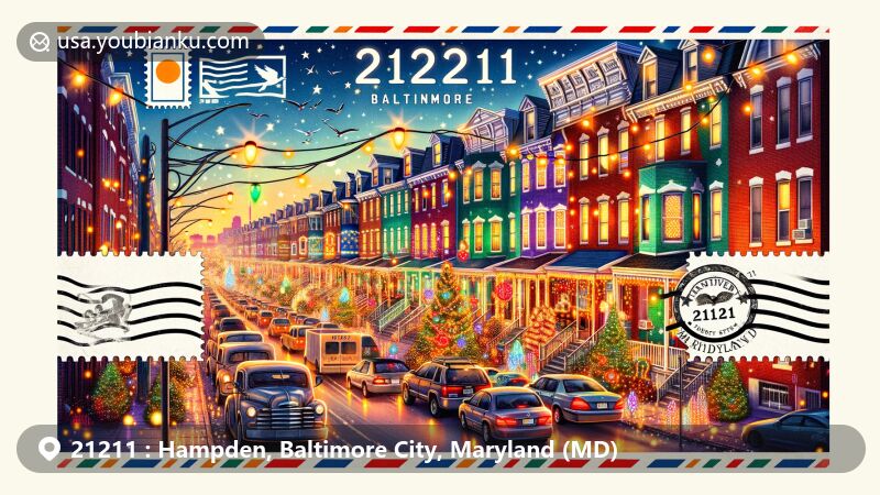 Modern illustration of 21211 area in Hampden, Baltimore, Maryland, showcasing iconic 'Miracle on 34th Street' Christmas light display on row houses, capturing festive spirit of community.