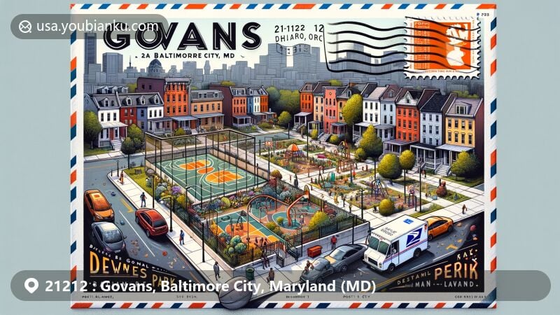 Modern illustration of Govans area, Baltimore City, Maryland, featuring postal elements and Dewees Park's conceptual art, showcasing unique street layout and urban features.